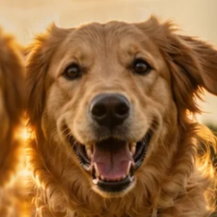 A golden retriever looking up.